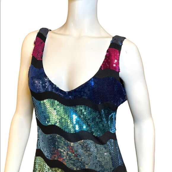 Frederick’s  of Hollywood Bright Color Block Sequin Tank Slip Mini Dress L Neon - Picture 11 of 15